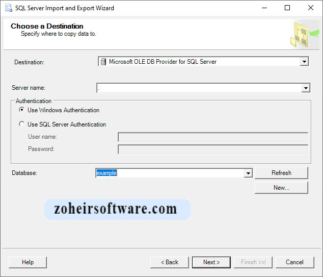 انتخاب دیتابیس مقصد (Choose a Destination) برای ورود داده اکسل